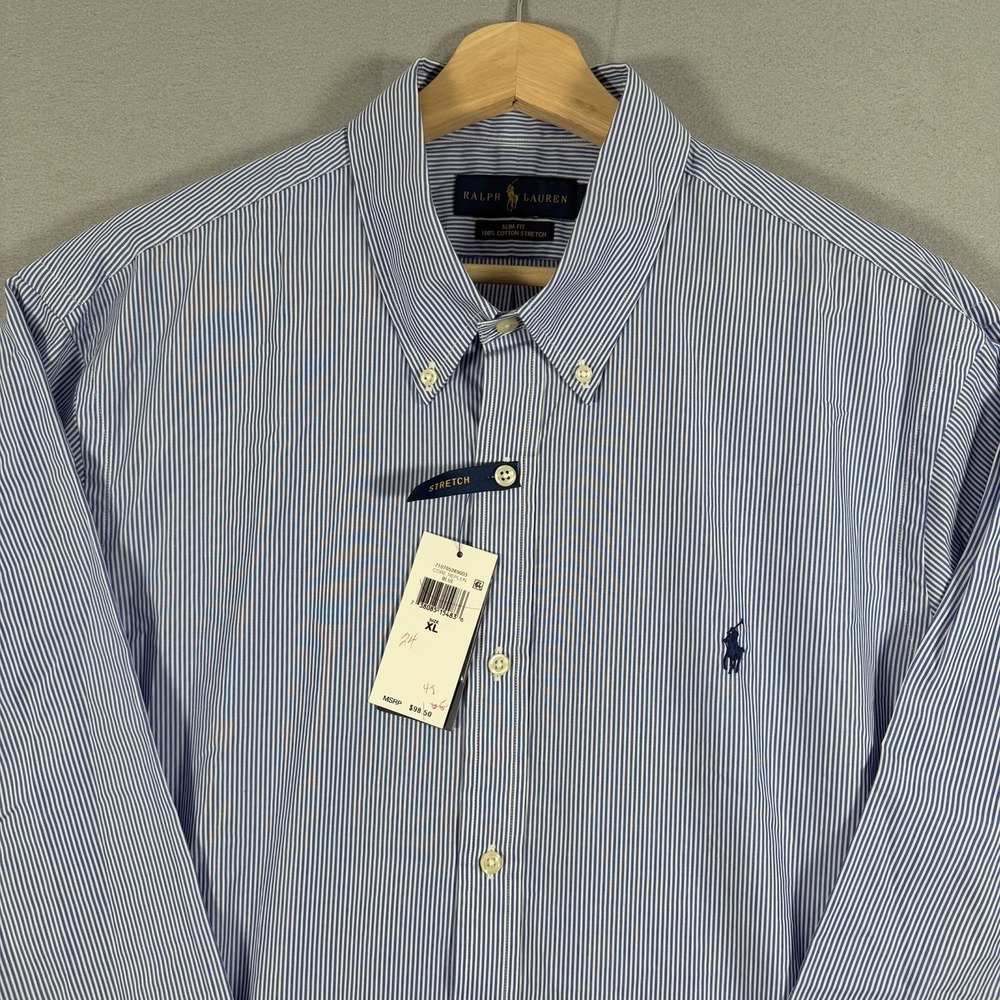 NWT Polo Ralph Lauren Button Down Shirt Men XL Blue Striped Slim Fit Pony Preppy